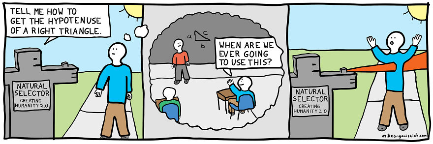 Comics with natural selector asking how to get the hypotenuse of a right triangle 