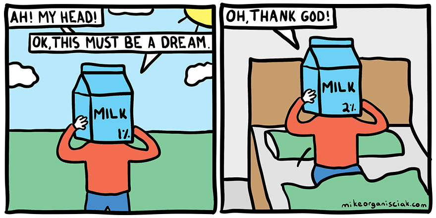 Comics with a man's head stuck in the carton milk box 