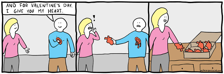Comics with men giving his heart to a woman who is colecting them 