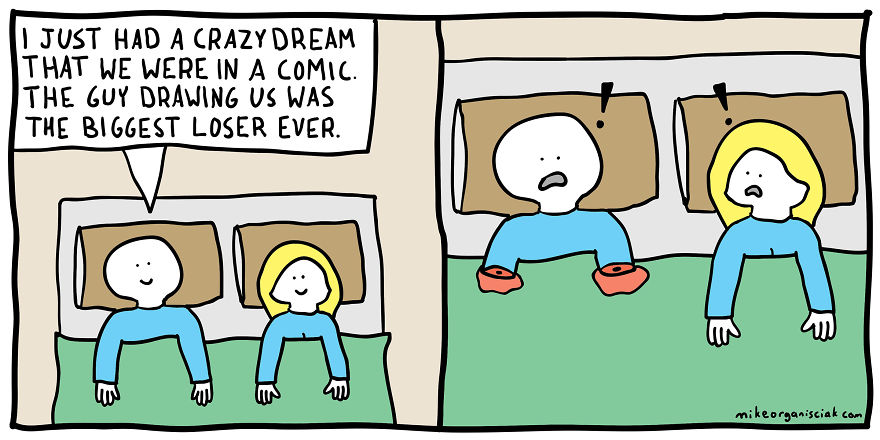 Comics about couple in the bed talking about guy drawing comics 