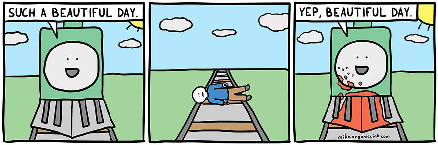 Comics with train run over a person 