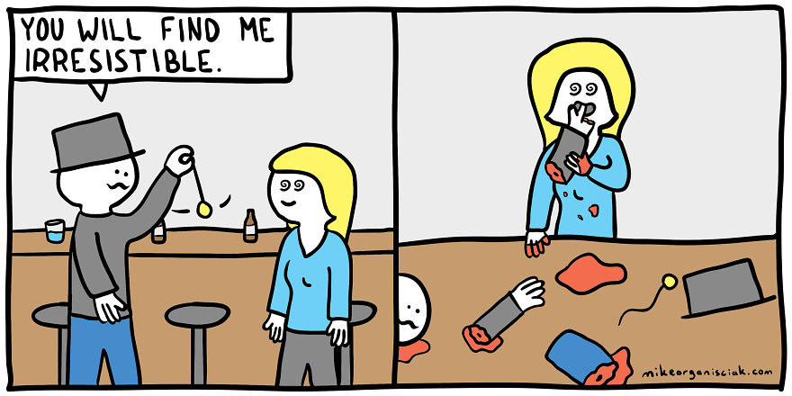 Comics with woman eating a hypnotist 