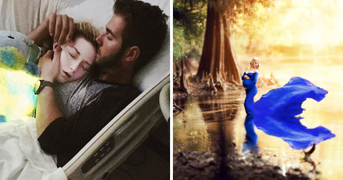 Left side shows a person resting in a hospital bed embraced by a loved one, right side shows a woman in a flowing blue dress in a swamp.
