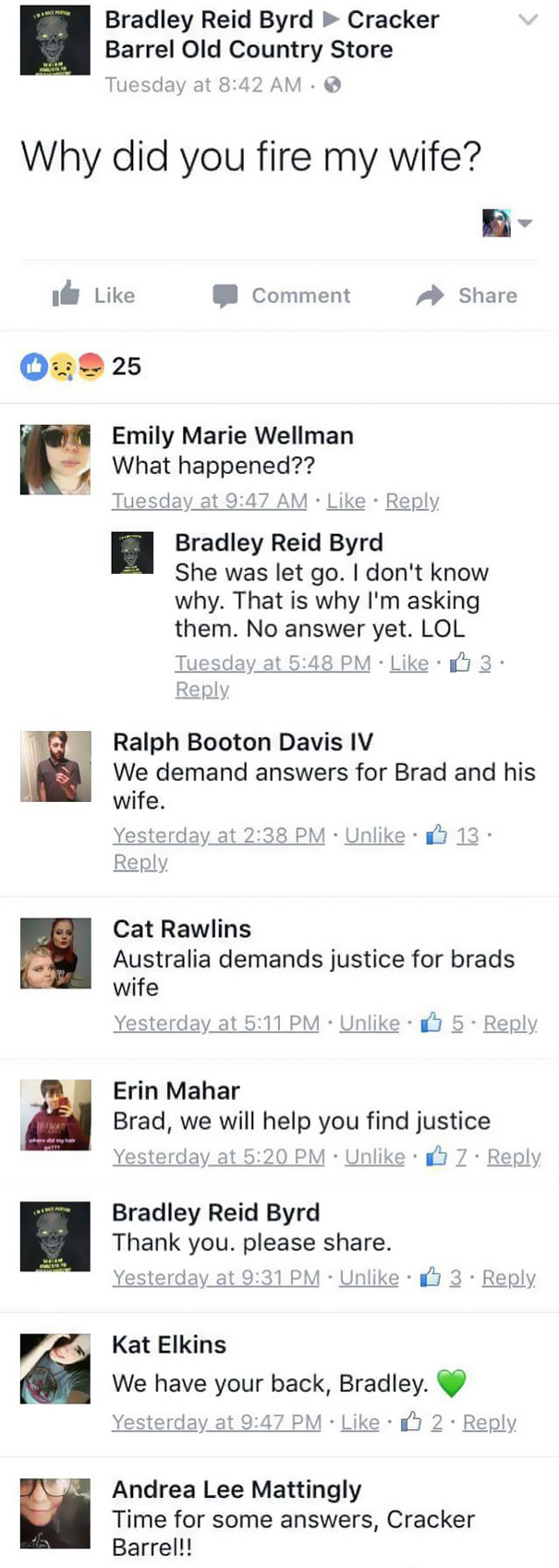Husband Asks Why His Wife Was Fired From Cracker Barrel