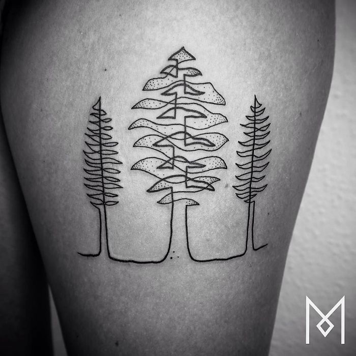 Single continuous line tattoo of abstract trees on skin, designed by Mo Ganji.