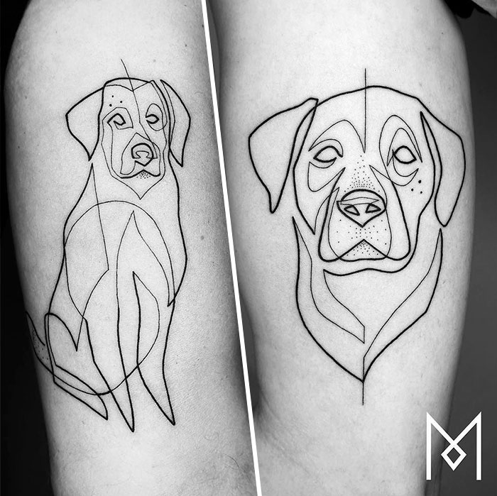 Single continuous line dog tattoos on arms by Mo Ganji, showcasing minimalist ink art.