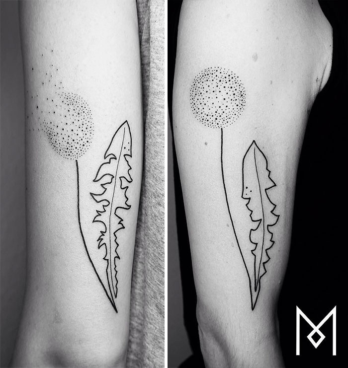 Continuous line tattoo of a dandelion on an arm by Mo Ganji.