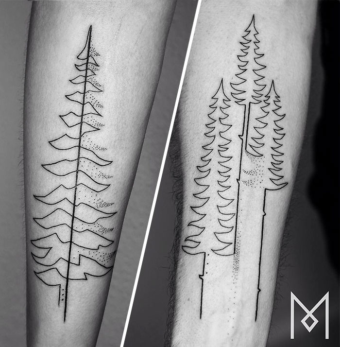 Single continuous line tattoos depicting forest trees on forearm by Mo Ganji.