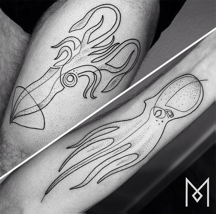 Tattoos of squid and octopus, created by Mo Ganji using a single continuous line, on arms.