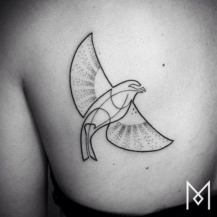 Single line tattoo of a bird by Mo Ganji, featuring intricate dot patterns and geometric shapes.