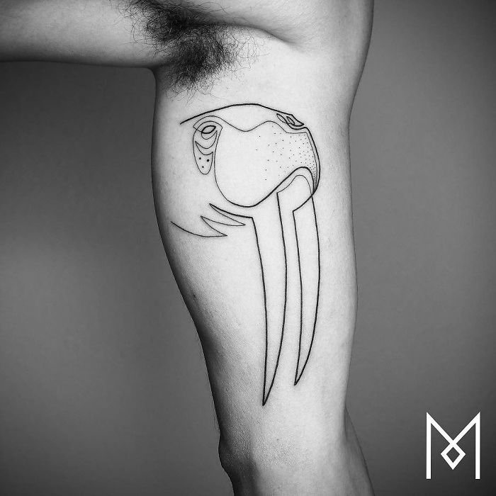 Single continuous line tattoo of a walrus on an arm by Mo Ganji.