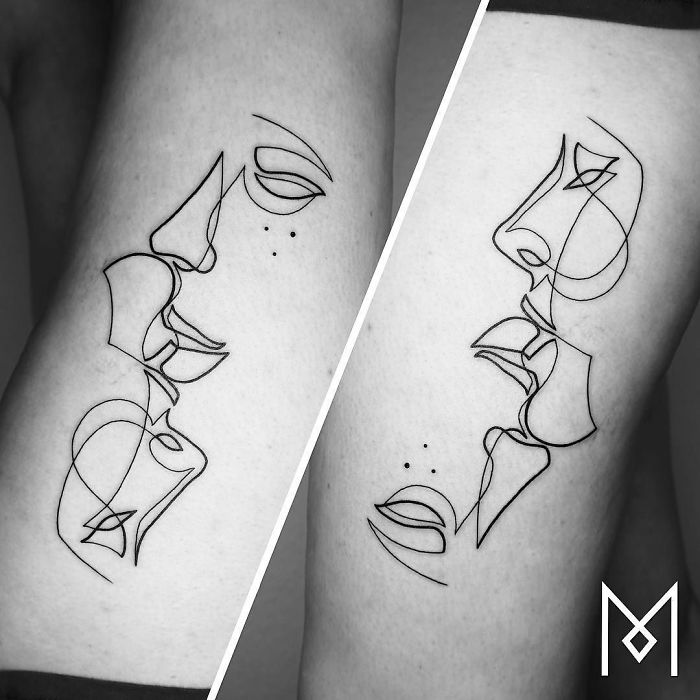Minimalist single line tattoo artwork by Mo Ganji featuring abstract faces on arm.