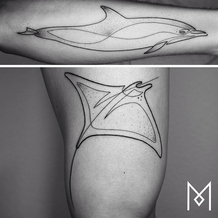 Single line tattoos of a dolphin and a manta ray by artist Mo Ganji.