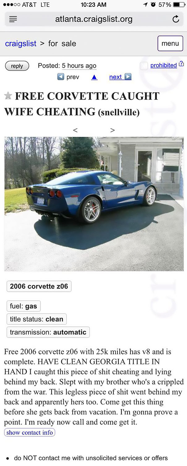 Caught Wife Cheating, Free Corvette!