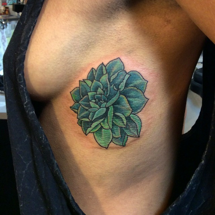 Succulent tattoo on a person's side, featuring intricate green leaves.