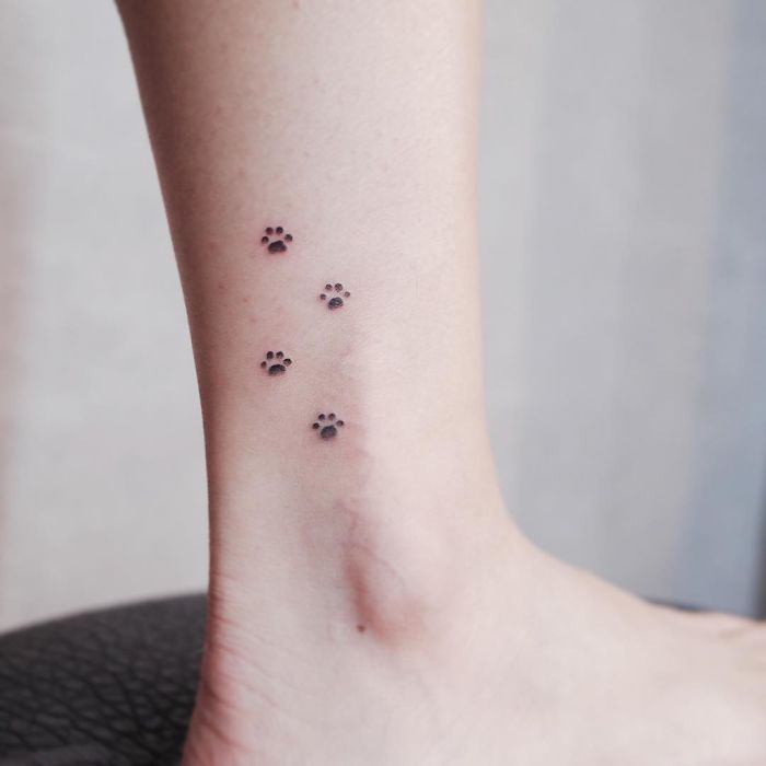 Tiny discreet tattoo of paw prints on ankle, perfect for minimalism lovers.
