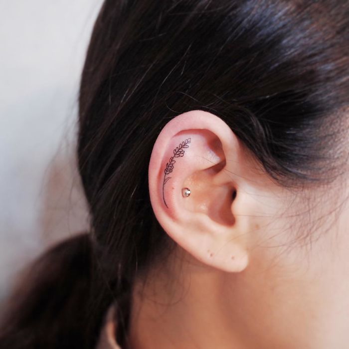 Minimalism-inspired tiny discreet tattoo of a leaf on the inner ear.