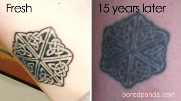 Tattoo aging over time; Celtic design fresh vs. faded after 15 years.