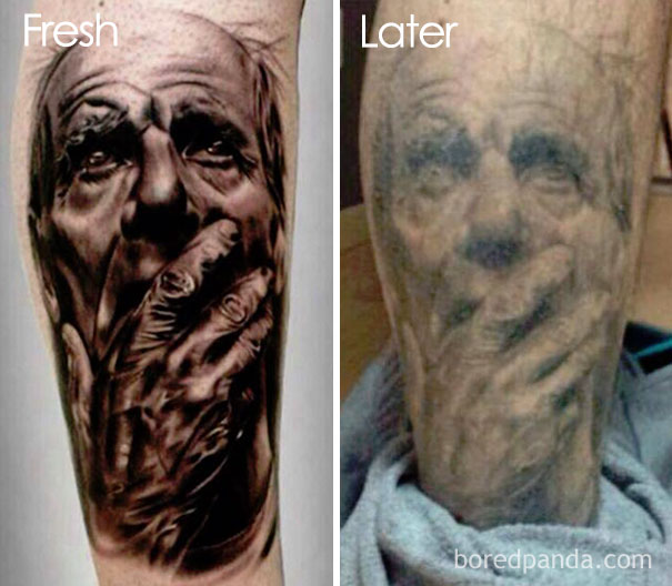 Fresh and faded tattoo of a face, showing how tattoos age over time.