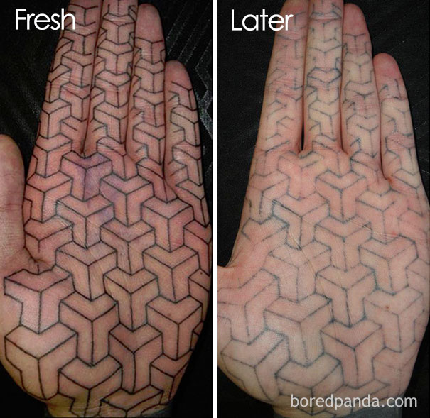 Tattoos on a hand showing aging process from fresh to later stages with geometric design.