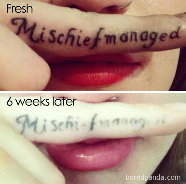 Finger tattoo reading "Mischief managed" shows aging over 6 weeks, with fresh and faded ink comparison.