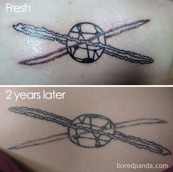 Comparison of a tattoo when fresh vs. aged two years, showing changes over time.
