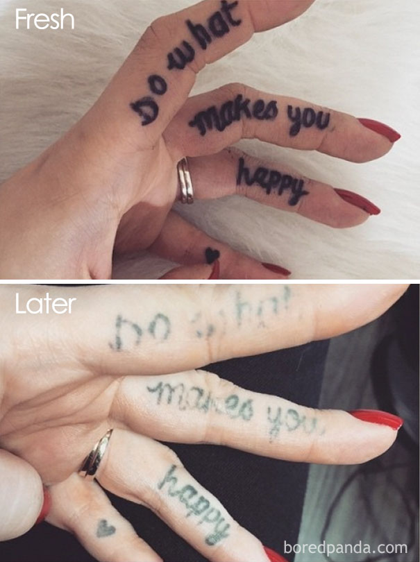 Tattoo aging over time on fingers, showing “Do what makes you happy” fading from fresh to older.