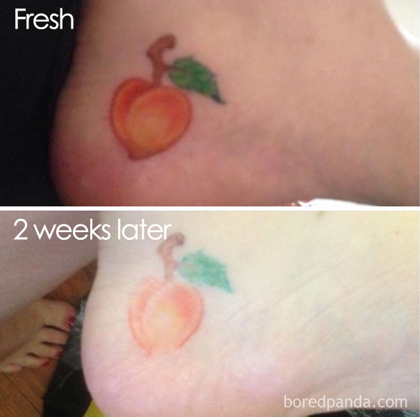 Tattoo of a peach, initially bright, fades significantly after two weeks, illustrating how tattoos age over time.