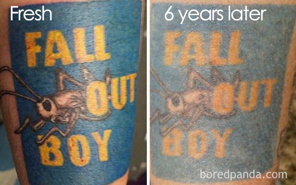 Tattoo aging over time: fresh vs. 6 years later, showing faded colors and blurred lines.