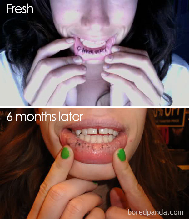 Inner lip tattoo aging over six months, initially bold and later faded, showing how tattoos age over time.