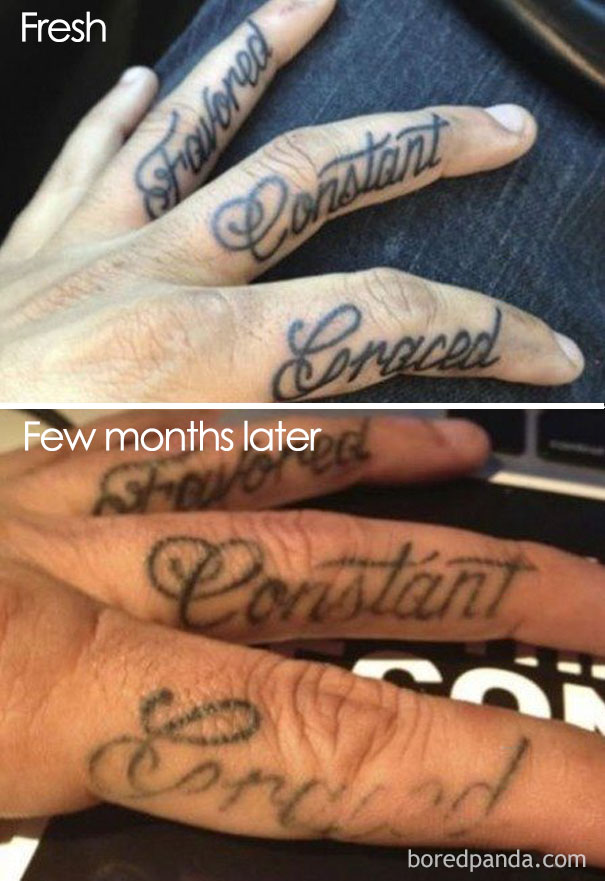 Fresh tattoo vs. aged tattoo showing how tattoos change over time on fingers.