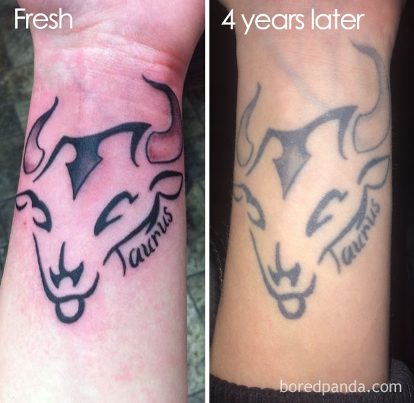Tattoo of Taurus symbol freshly inked and after 4 years, showing how tattoos age over time.