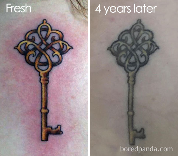 Tattoo of intricate key design, fresh versus 4 years later, showing how tattoos age over time.