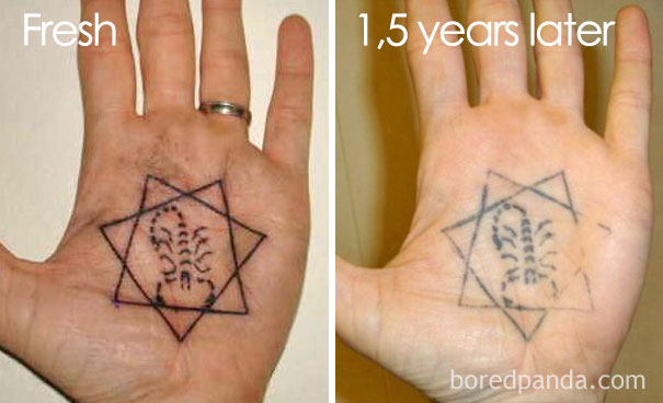 Tattoo aging over time: fresh geometric design on a hand, faded after 1.5 years.