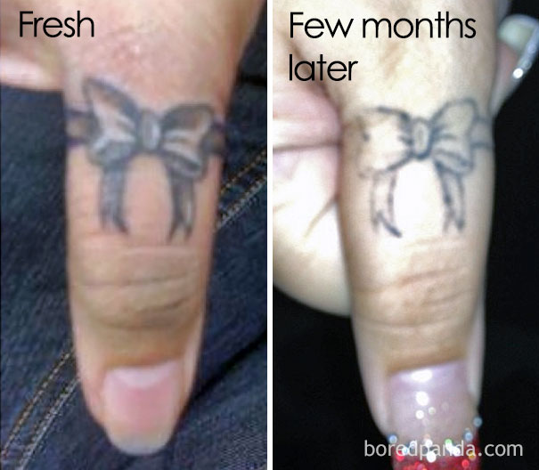 Close-up of a bow tattoo on a finger, showing how tattoos age over time from fresh to a few months later.