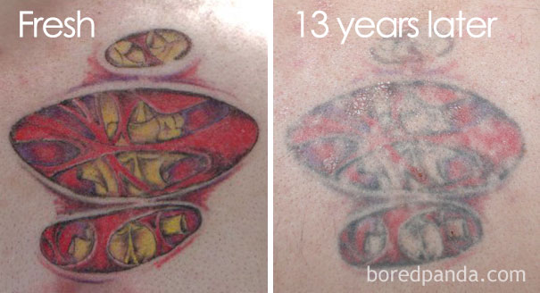 Tattoo aging over time: vibrant fresh design vs. faded appearance after 13 years.