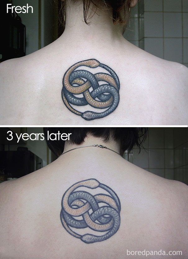 Comparison of a tattoo's aging process over three years, showing color fading and detail changes on the back.