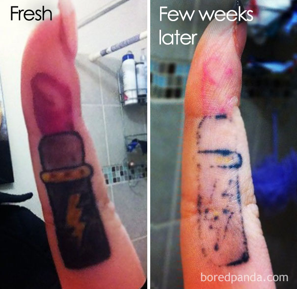 Tattoo on a finger shows fading and blurring over time; fresh on the left, aged after a few weeks on the right.