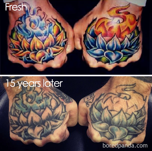 Tattoo on hands showing color fade after 15 years, illustrating how tattoos age over time.