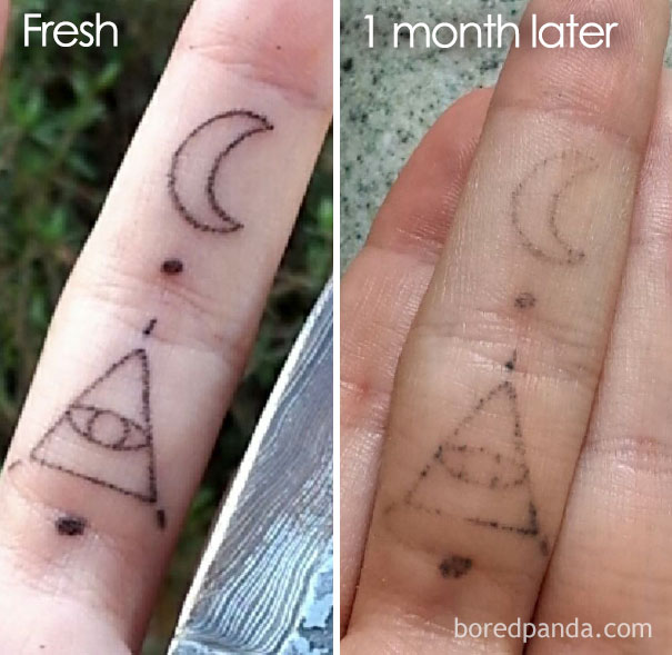 Tattoo on a finger showing aging process over one month, illustrating how tattoos age over time.