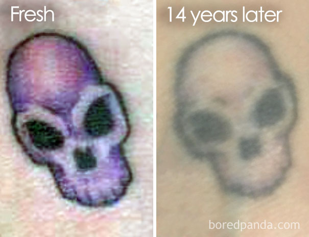 Comparison of a fresh skull tattoo and the same tattoo faded after 14 years, illustrating how tattoos age over time.