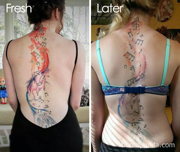 Tattoo aging over time: a fresh colorful music note tattoo versus its faded appearance years later.