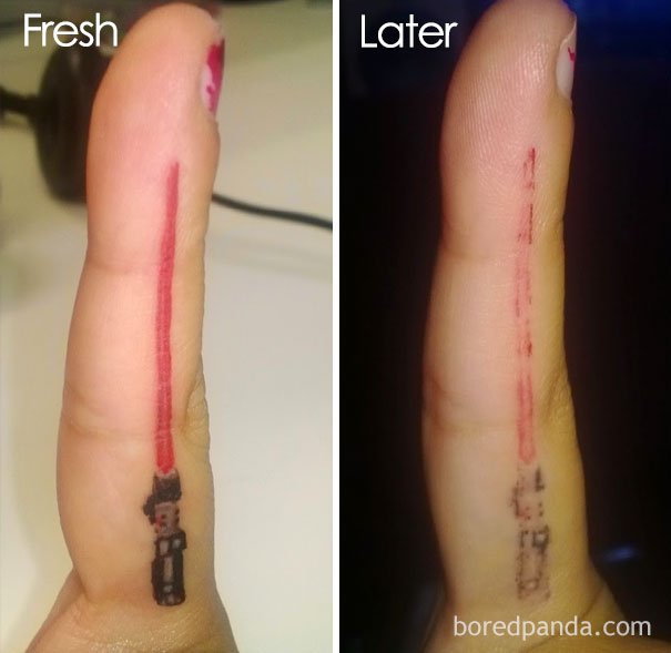 Tattoo aging comparison on a finger, showing a vibrant design fading significantly over time.