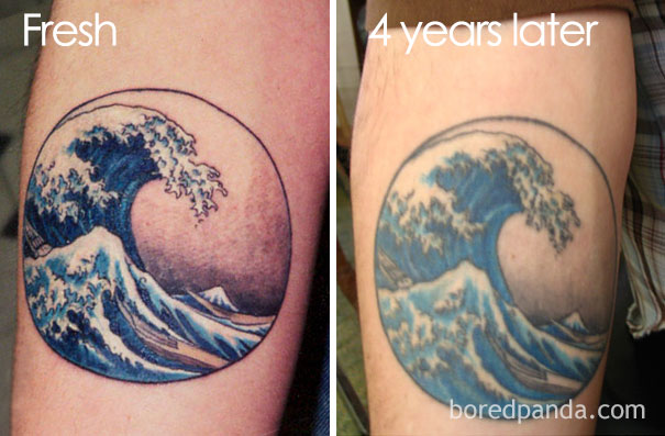 Tattoo showing aging over 4 years, from vibrant to faded, featuring a wave design.