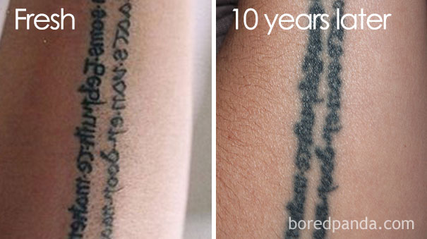 Tattoo aging over 10 years, showing fading and blurring compared to the fresh ink on skin.