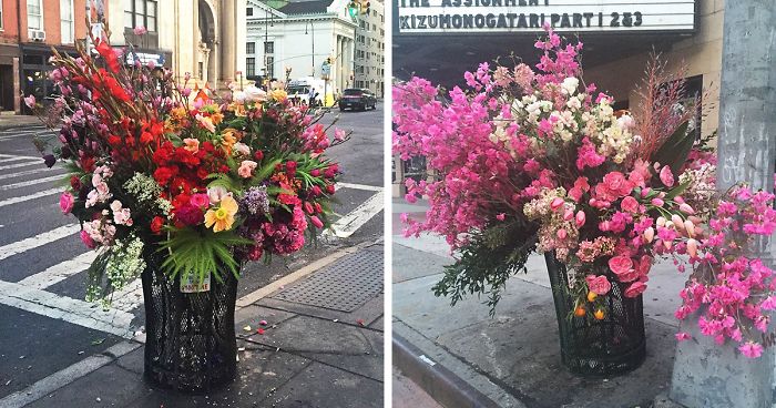 Crime Or Art? Someone Is Turning NYC Trash Cans Into Giant Vases Filled With Flowers