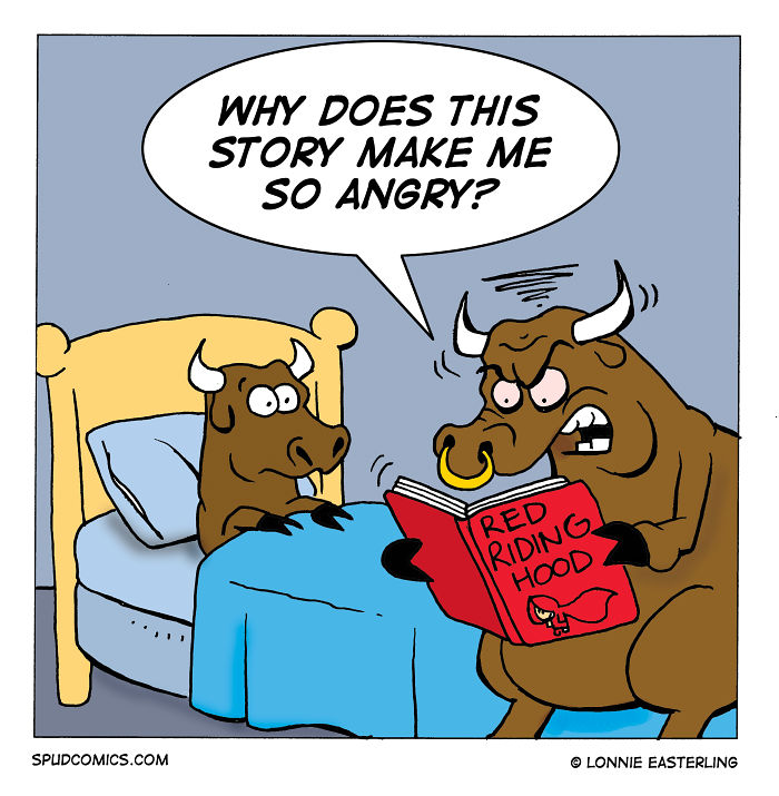Angry bull reading Red Riding Hood comic strip to a younger bull in bed from a funny Spud Comics series.