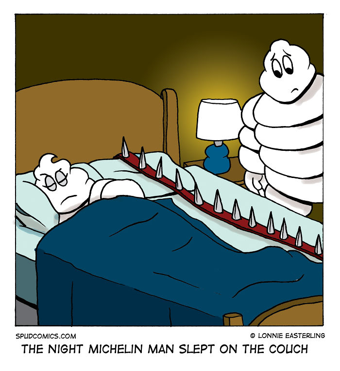 Comic strip featuring funny characters resembling Michelin Man in a humorous bedroom scene with a spiked bedrail.