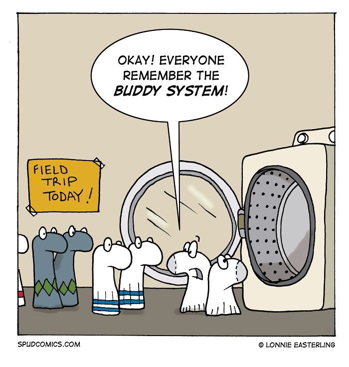 Cartoon comic strip showing socks preparing for a field trip, emphasizing the buddy system concept in a humorous way.