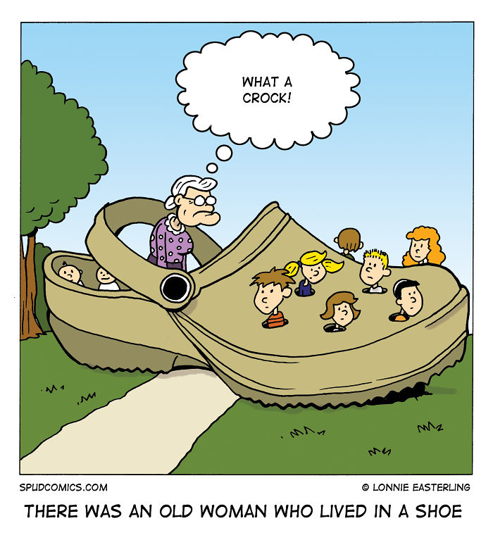Funny comic strip showing an old woman in a giant shoe with children, illustrating humorous Spud Comics cartoon style.